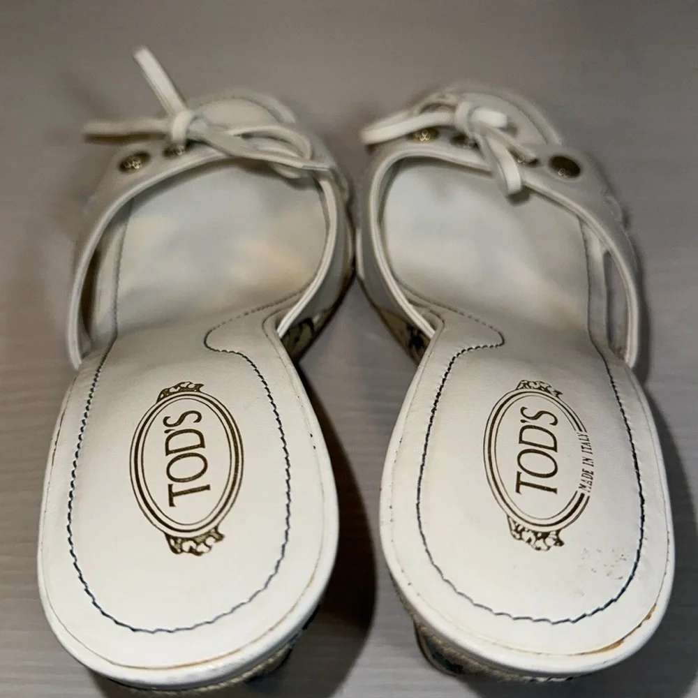 Tod's White Ribbon Wedge Wakeboard Pattern Espadrille Sandal Heel Shoes